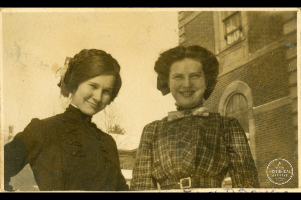 Barbara Currie and Inez Brown at Barrie Collegiate on Blake St., 1912. Photo courtesy of the Barrie Historical Archive. 