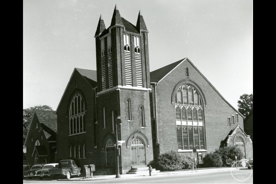 Elizabeth St. Methodist (later United) Church that stood on the northeast corner of Toronto and Elizabeth (later Dunlop W.) St. until it relocated to Toronto and Ross Sts. and became Central United Church. Circa 1950. Barrie Historical Archive