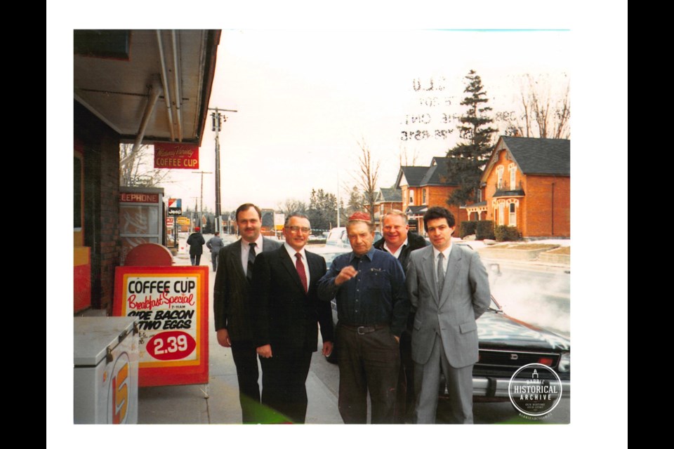 Mayor Ross Archer arriving at Midway Diner for a birthday celebration circa 1985. Barrie Historical Archive