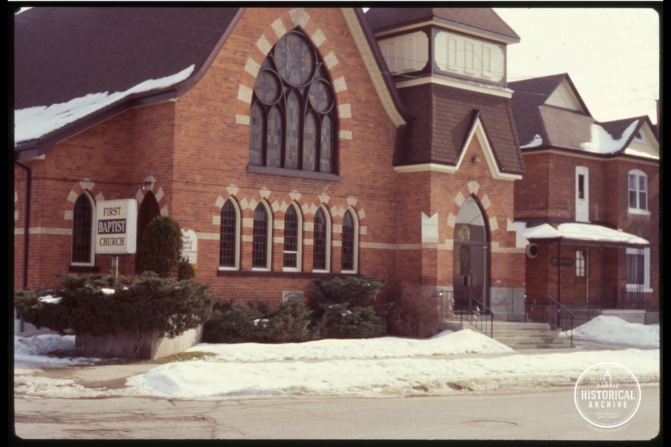 First Baptist Church, now Mortgage Wellness, on the corner of Worsley and Clapperton Streets. Photo courtesy of the Barrie Historical Archives 