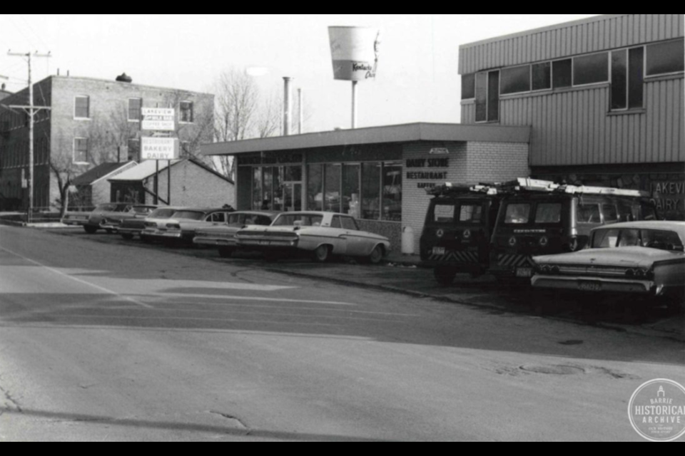 Photo of Lakeview Dairy on Dunlop St. E., home to the first KFC and some of the first pizza in Barrie, taken in 1965. Photo courtesy of the Barrie Historical Archive