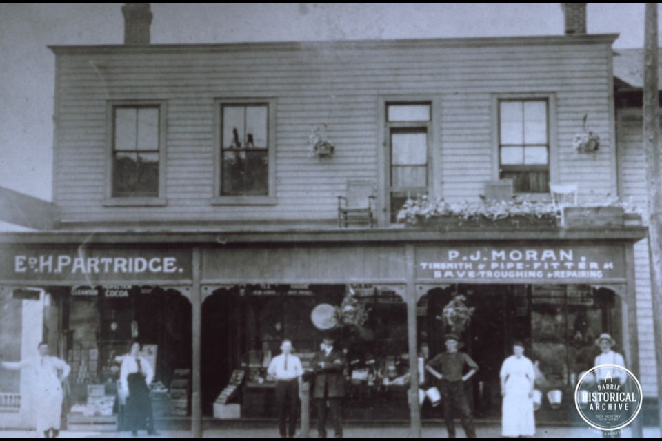 Partridge Grocery and P.J. Moran Tinsmith on Bayfield Street circa 1895. Photo courtesy of the Barrie Historical Archive