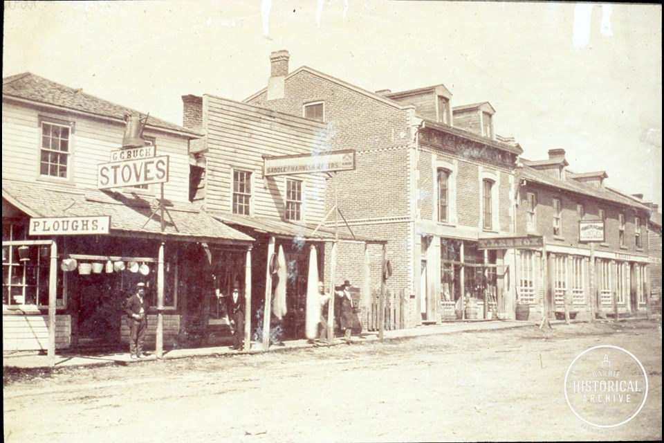 Barrie, as seen in the 1870s. The north side of Dunlop Street East, east from Owen Street is shown. Photo courtesy of the Barrie Historical Archive
