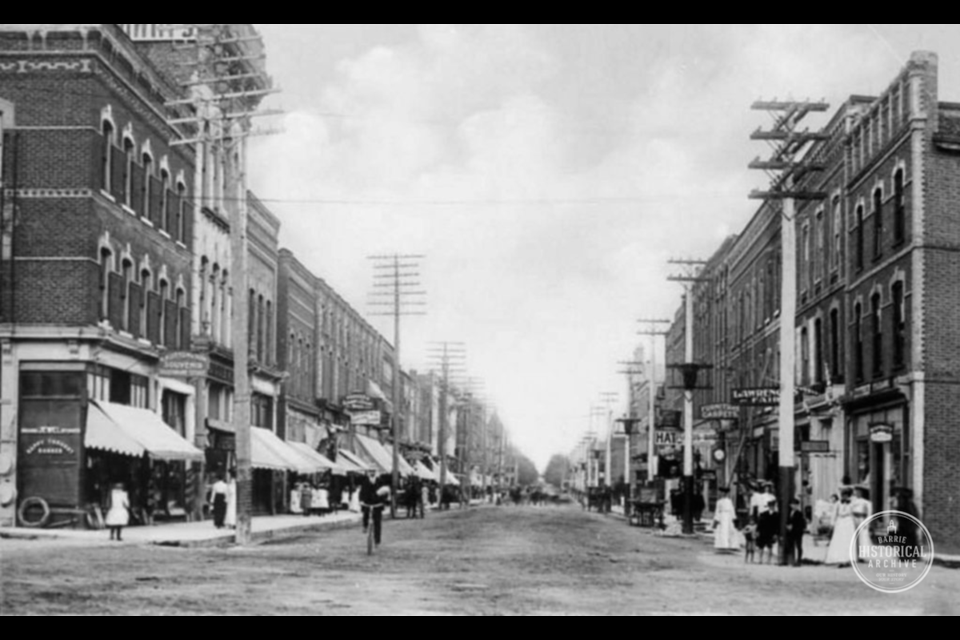 Five Points at the beginning of the 20th Century, with the McCarthy law offices on the right above the 'hats' sign. Photo courtesy of the Barrie Historical Archive