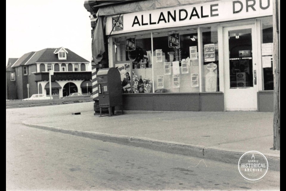 Allandale Drugs, as seen in 1968, former site of Whitty's Drug Store where the chase began. Photo courtesy of the Barrie Historical Archive