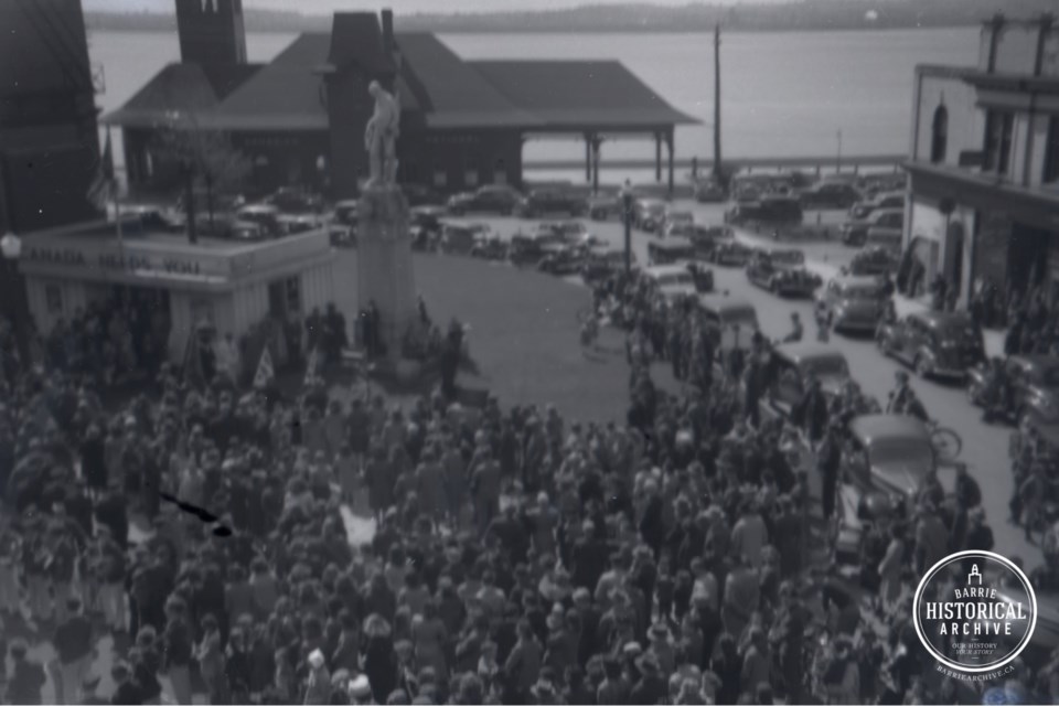 VE-Day celebration at Memorial Square in Barrie on May 8, 1945.