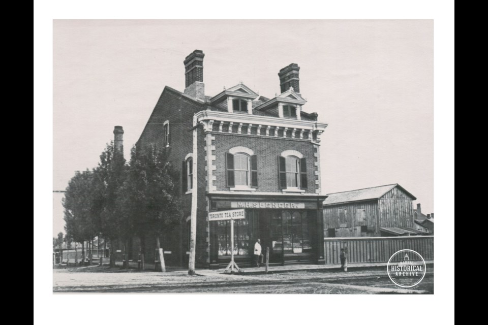 M.H. Spencer's store is pictured in 1872 at the southwest corner of Elizabeth and John streets in downtown Barrie. Photo from the Barrie Historical Archive