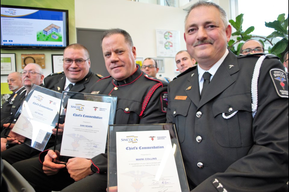 From left, Art Nolan, Dan Hearn and Mark Collins were all presented with a Chief's Commendation for their role in travelling to Pikangikum to volunteer time to provide training in lifesaving skills. Scott Silverberg also received a commendation for the effort, but was not in attendance. Jessica Owen/Village Media