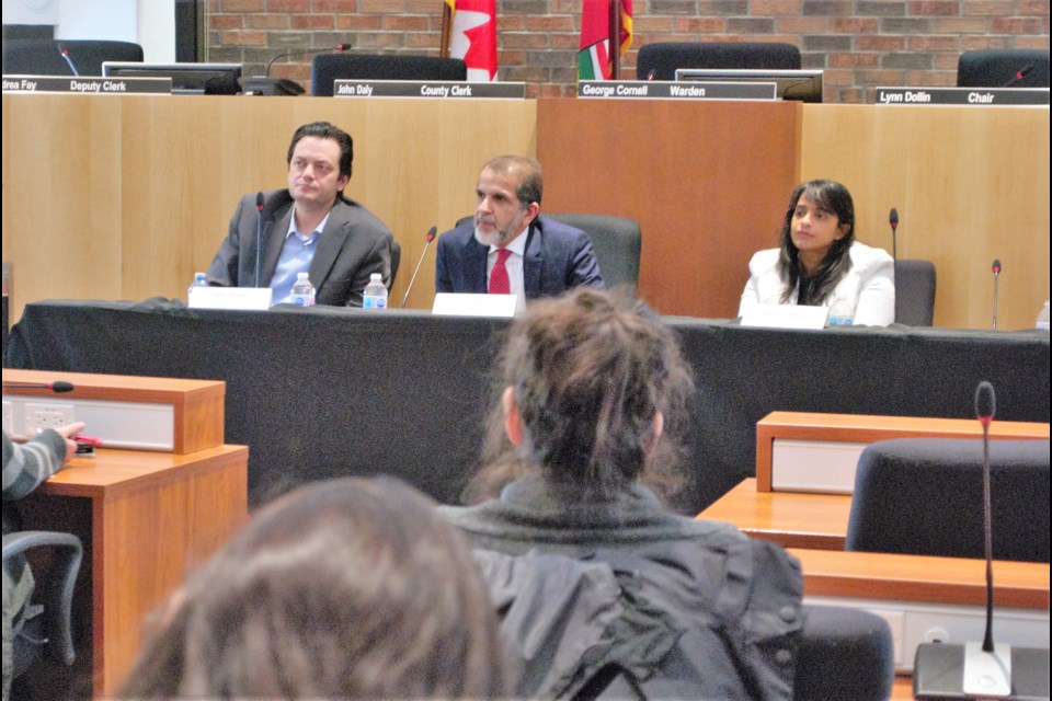 From left to right, Barrie Mayor Jeff Lehman, Collingwood CAO Fareed Amin and President and CEO of Sensor Technology Ltd. in Collingwood Niru Somayajula speak on a leadership panel for the Mohawk College Enterprise Future Ready Leadership training program. Jessica Owen/BarrieToday