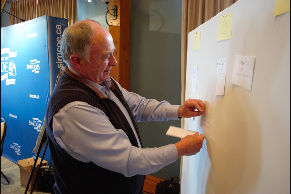 County of Simcoe Warden George Cornell pins ideas to his group's board during the regional government review workshop held on March 19. Jessica Owen/BarrieToday