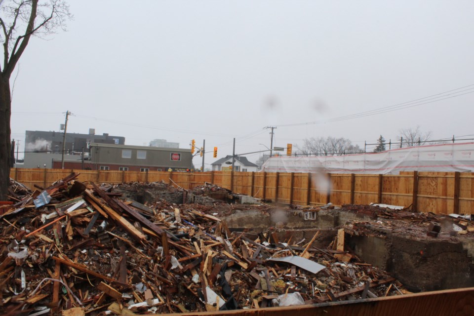 Crews worked through the rain recently during the demolition of several buildings at the corner of Bayfield and Sophia streets in downtown Barrie. Raymond Bowe/BarrieToday