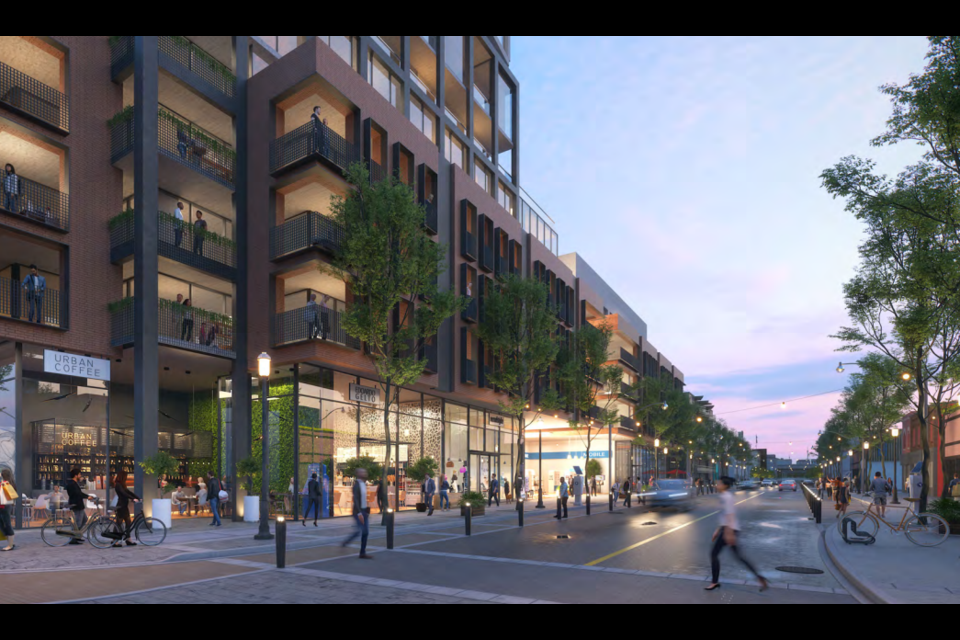 This rendering shows what a proposed highrise development could look like on Dunlop Street West between Mary Street and Maple Avenue. Image supplied