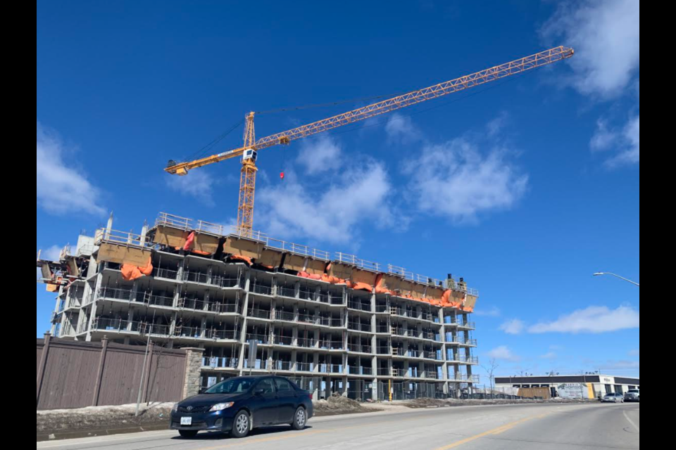 Construction is proceeding on a 10 storey, 116-unit residential apartment building at 30 Hanmer St. W., just west of Bayfield Street, in Barrie. The site plan was received by the city in November 2016, and registered in August 2018. 