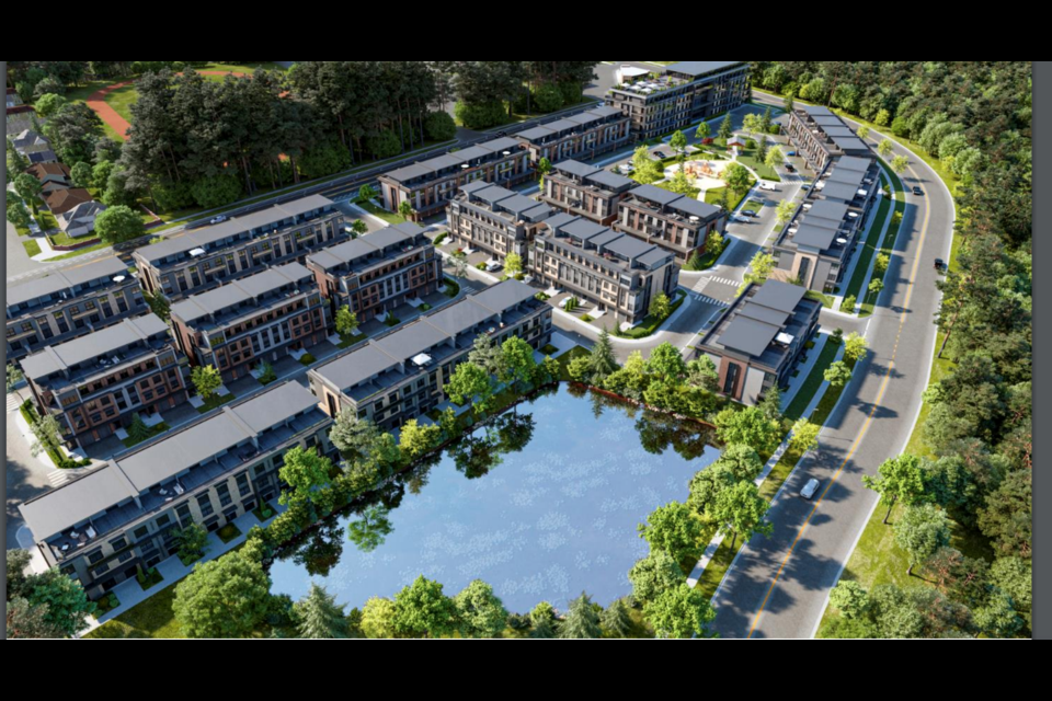 Bear Creek Village is a proposed residential development featuring 218 back-to-back condominium townhouse units, three and four storeys high, and a 90-unit, six storey apartment building, for a total of 308 residential units at 189 Summerset Dr.