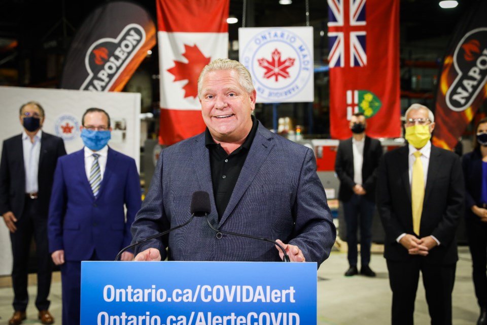 Ontario Premier Doug Ford made his daily speech at Napoleon Home Comfort in Barrie in Thursday. Screenshot