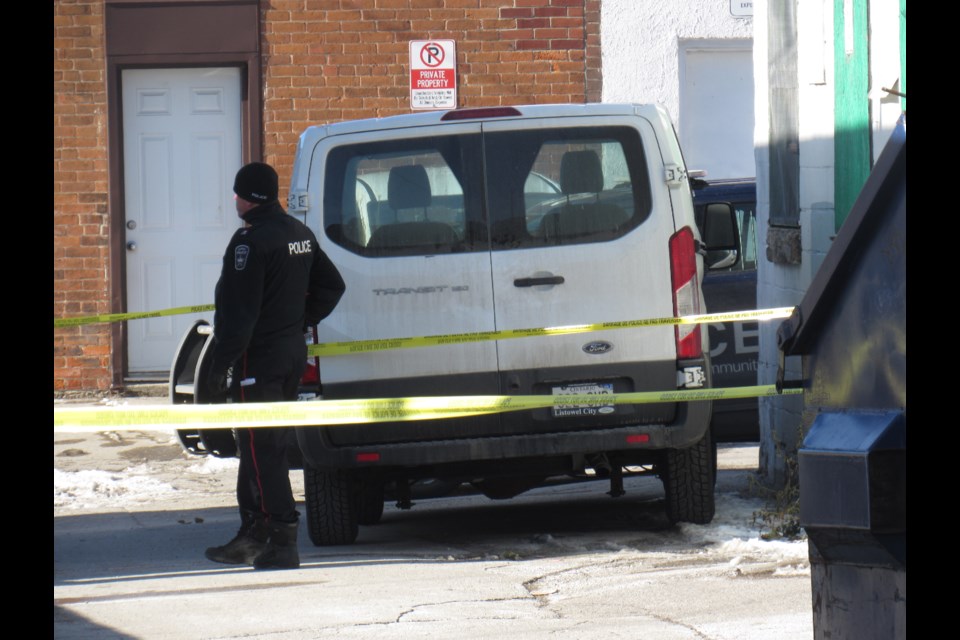 Police on the scene behind several Dunlop Street businesses as they investigate a homicide on Saturday Nov. 16, 2019. Shawn Gibson/BarrieToday                               