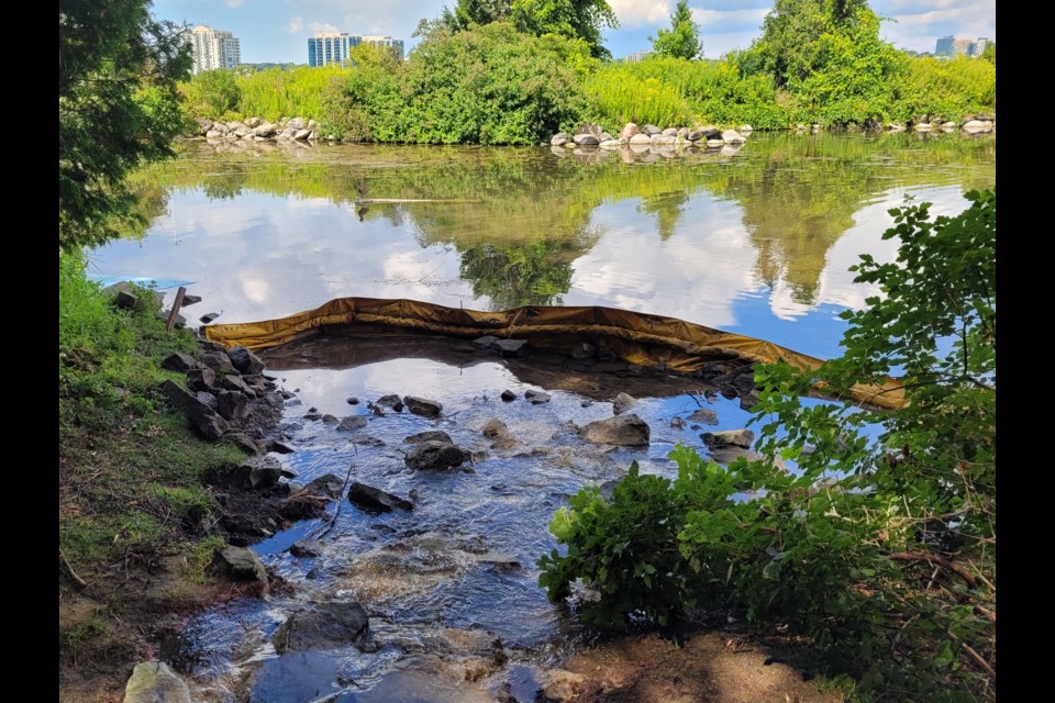 Berms had been installed to contain fuel in the duck pond along Barrie's south shore of Kempenfelt Bay in this file photo from Aug. 18.