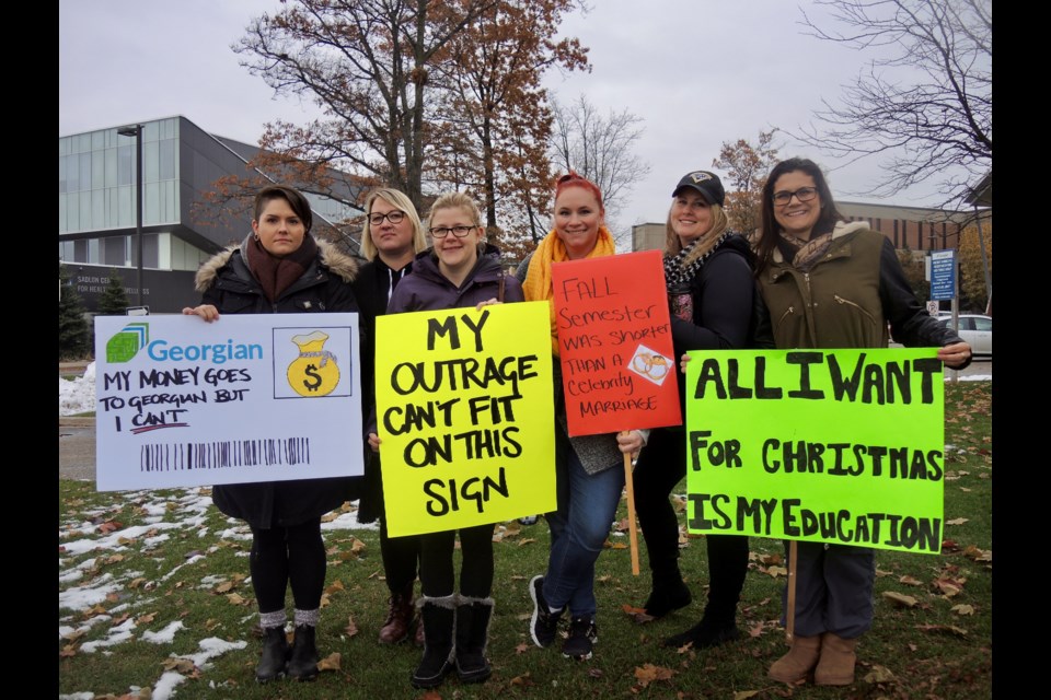 These nursing students staged a sit-in outside the offices of Georgian College CEO and  President MaryLynn West-Moynes on Nov. 13, 2017.
Tonya Robertson, Michele Burns, Alison Wilson, Myja Hogendoorn, Kaitlyn Provenzano and Kristen Walker. 
Sue Sgambati/BarrieToday          