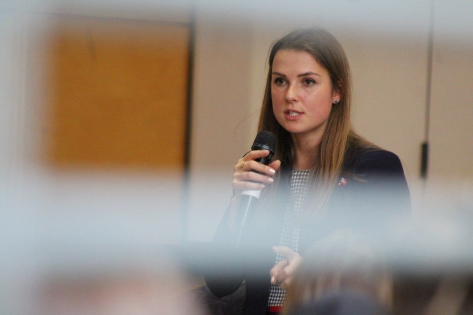 Barrie-Innisfil MPP Andrea Khanjin is shown in this file photo from October 2018 speaking to high school students at Bear Creek Secondary School. Raymond Bowe/BarrieToday