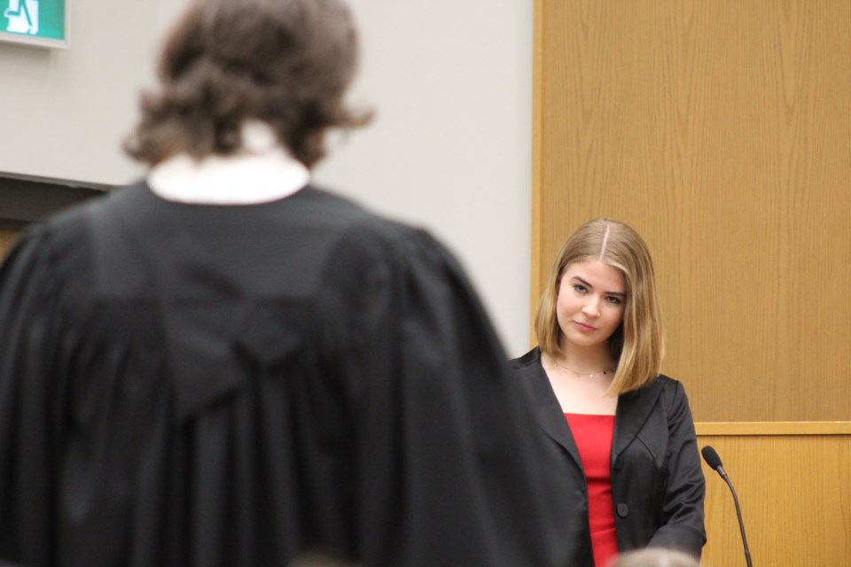 Collingwood Collegiate's Celeste Ubell plays the part of the accused during the 2019 Simcoe-Muskoka Mock Trial competition on April 25, 2019 at the Barrie courthouse. Raymond Bowe/BarrieToday