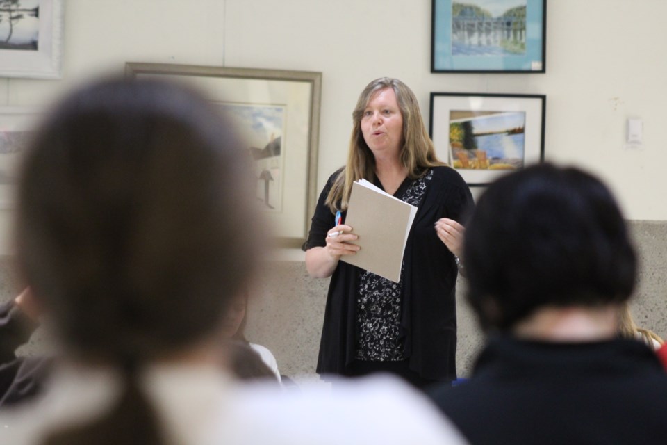 Janet Bigham, president of Simcoe County's Elementary Teachers’ Federation of Ontario (ETFO) local, speaks at a meeting discussing education cuts, on May 28, 2019 in the Barrie City Hall Rotunda. Raymond Bowe/BarrieToday 
