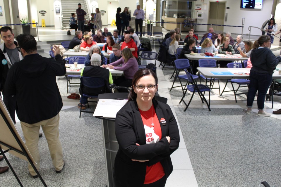 Jen Hare, bargaining unit president for Ontario Secondary School Teachers' Federation District 17 Simcoe, helped organize a meeting to discuss education cuts, on May 28, 2019 in the Barrie City Hall Rotunda. Raymond Bowe/BarrieToday