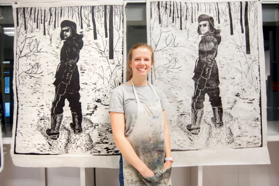Bigger may be better for Georgian College printmaking students who this week used a large lawn roller to make oversized prints in the campus gallery. Here, student Jessalyn Forsythe shows off some of her work. (Georgian College handout/Doug Crawford) 17 March 2016
