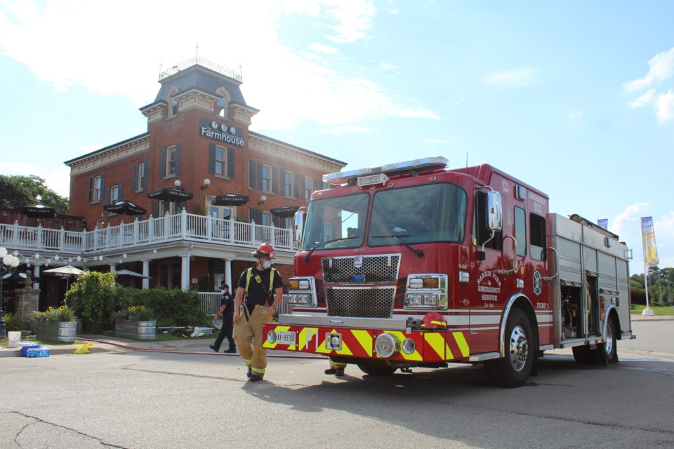 Barrie firefighters responded to a blaze in the basement at The Farmhouse restaurant on Bradford Street, Sunday afternoon. There were no injuries. Raymond Bowe/BarrieToday