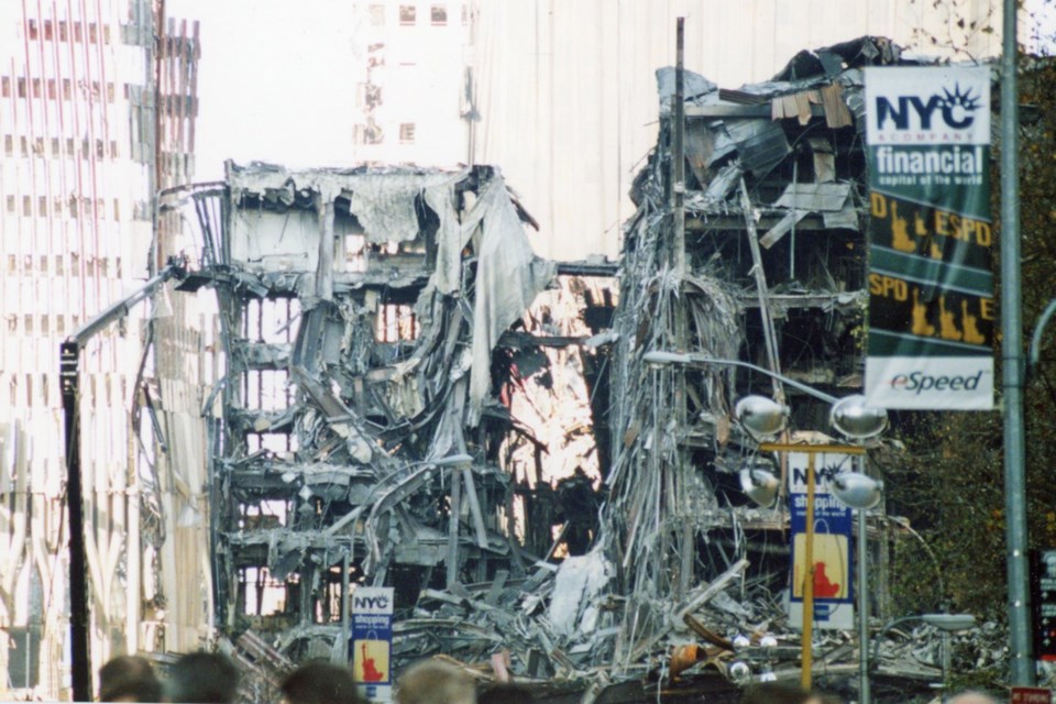 The shattered remnants of a smaller building, adjacent to the Twin Towers, are shown on Dec. 2, 2001. The smaller building took the brunt of the falling skyscrapers at Ground Zero of the World Trade Center in New York City.