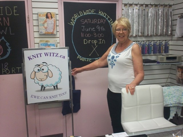 Leanne Tuck of Knit Witz in Bayfield Mall, hosts Worldwide Knit in Public Day. Marian Wilkins for BarrieToday 