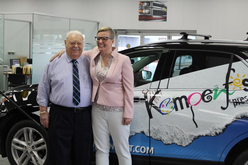 Paul Sadlon and Louise Jackson share a laugh during an announcement regarding Kempenfest at Sadlon's north-end Barrie dealership on May 28, 2019. Raymond Bowe/BarrieToday
