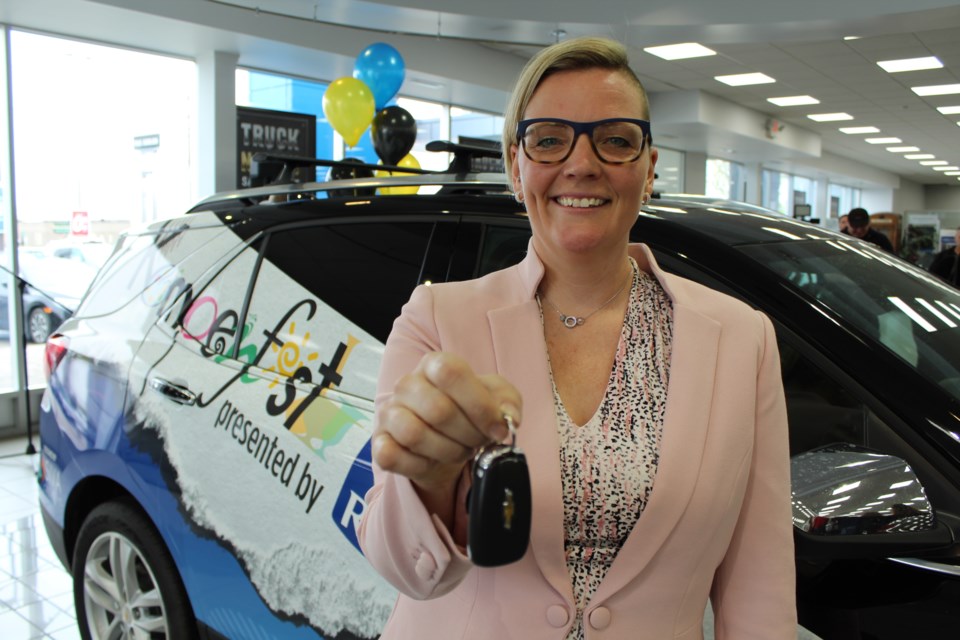 Kempenfest general manager Louise Jackson holds the keys to her new vehicle donated to the festival by Paul Sadlon Motors on May 28, 2010, at the north-end Barrie dealership. Raymond Bowe/BarrieToday