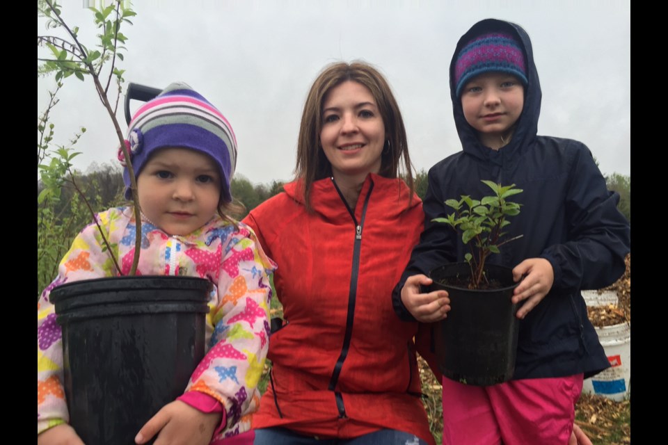 Kailee Rogers with her young tree planters Peyton, 7 and Samantha, 4. Sue Sgambati/BarrieToday
