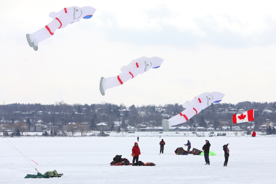 Kites of all shapes and sizes take to the sky above Kempenfelt Bay during Winterfest at Heritage Park in Barrie on Saturday, Feb. 3, 2018. Kevin Lamb for BarrieToday.