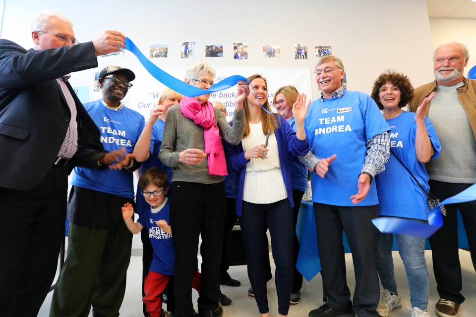 Ontario PC candidate Andrea Khanjin cuts the ribbon with her supporters at the grand opening of her campaign office at 237 Mapleview Drive East in Barrie on Saturday, April 28, 2018. Kevin Lamb for BarrieToday.