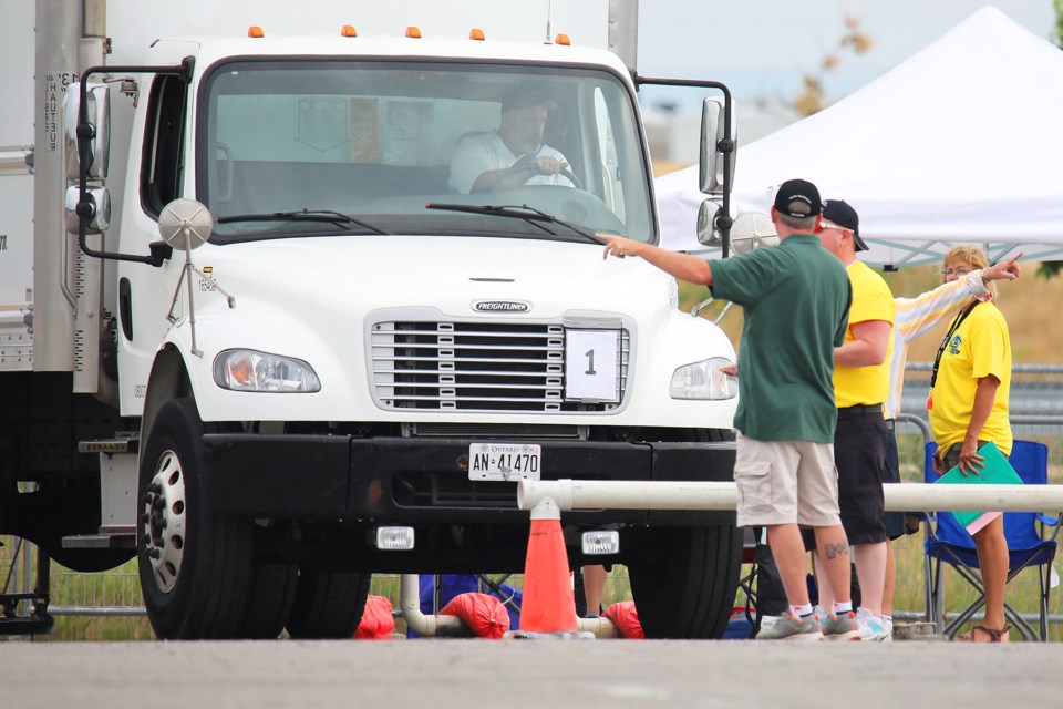A driver competes during the 72nd Annual Ontario Truck Driving Championships at the Barrie Molson Centre on Saturday, July 14, 2018. Drivers were evaluated through a series of difficult, competitive tests that measure the level of driver expertise, the contestant's knowledge of rules of the road, safety, courtesy and efficiency in vehicle handling. Kevin Lamb for BarrieToday.