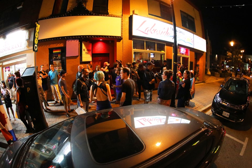 Supporters, patrons, and members of the media mill about outside prior to the opening of Lakeside Upper Deck on Dunlop Street as it hosted its grand opening Friday, September 14, 2018. It is the newest night club in the city, catering to the LGBTQ+ community.  Kevin Lamb for BarrieToday
