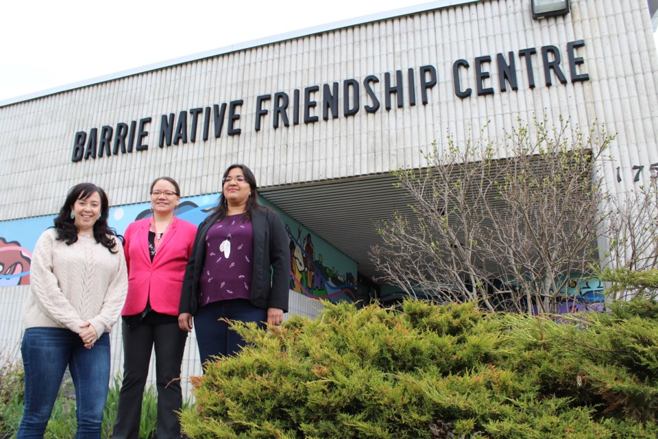 Barrie Native Friendship Centre officials, from left, Selena Mills, Samantha Kinoshameg and Vanessa Kennedy are shown in front of the Bayfield Street facility. Raymond Bowe/BarrieToday