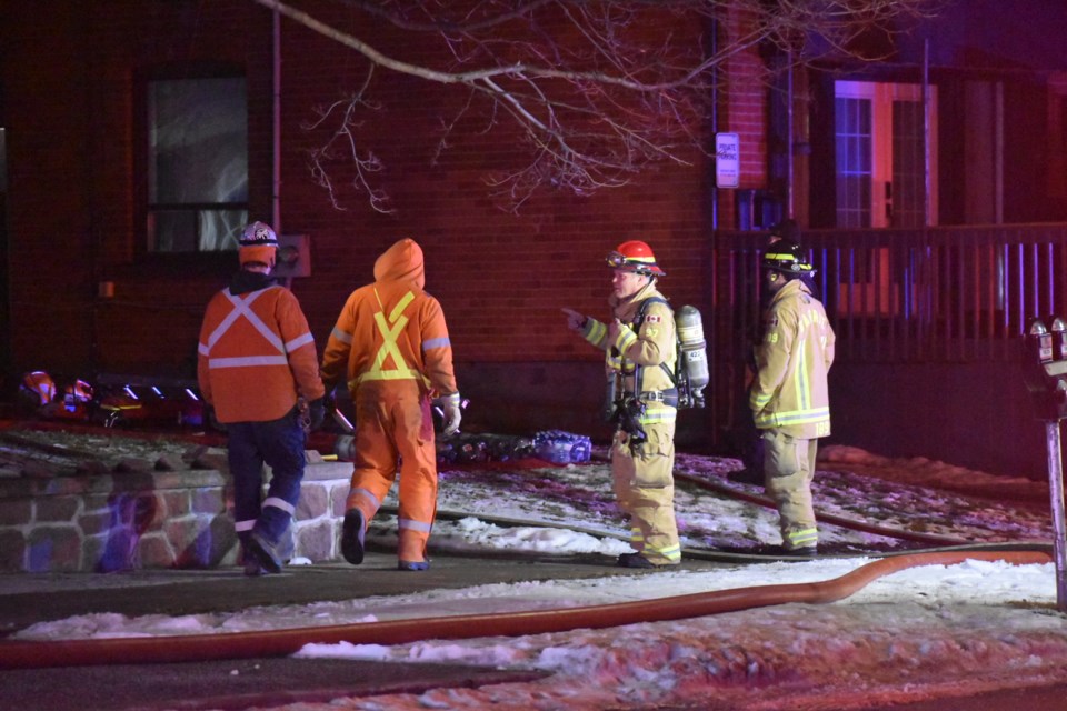 Barrie firefighters at the scene of a downtown fire Sunday night. 
