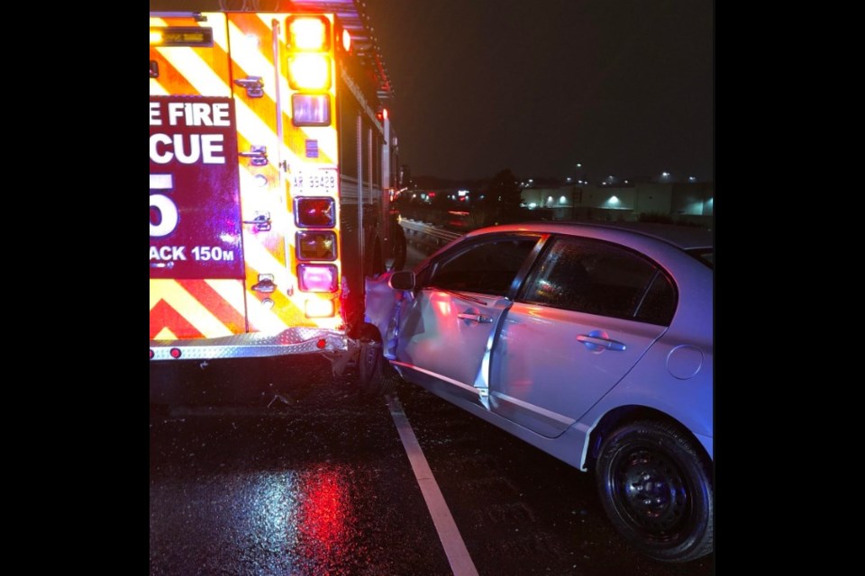 This photo, taken from Barrie Fire Chief Cory Mainprize's Twitter feed, shows a vehicle after it struck a city fire truck on Thursday, Dec. 27, 2018. Photo submitted