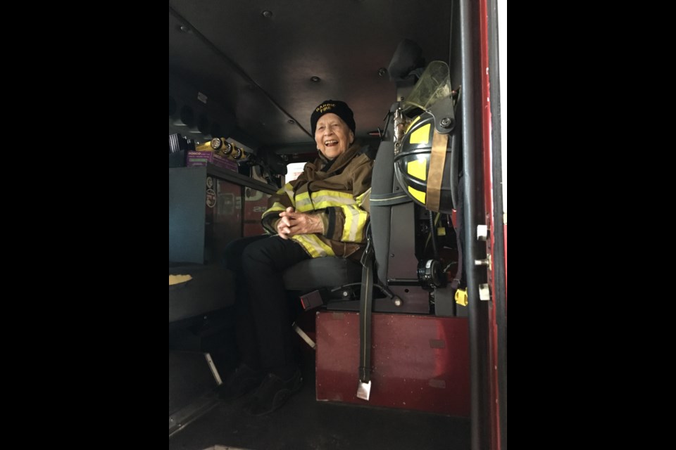 Wilma Wilson in a Barrie Fire Services firetruck. Submitted photo 