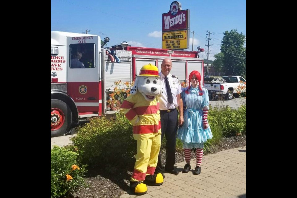 Deputy Chief Jeff Weber poses with mascots Sparky and Wendy.
Barrie Fire photo