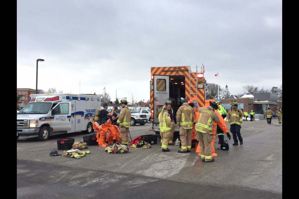 Barrie Fire and Emergency Services personnel suit up in protective gear to check and make sure a sodium hypochloride spill at the wastewater treatment facility on Bradford street is contained. Sue Sgambati/BarrieToday