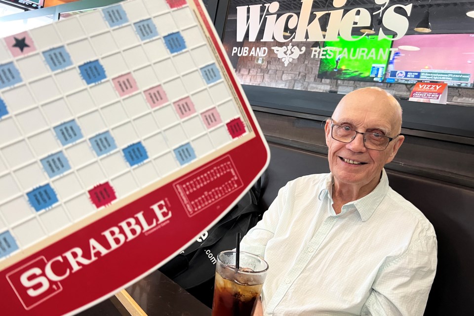 Tim Anglin, a revered member of the Barrie Scrabble Club, at Wickie's Pub on Grove Street in Barrie on Sunday night.