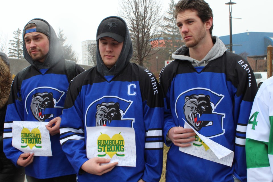 A couple dozen people attended a moment of silence at the Georgian College campus in Barrie to pay tribute to those killed or injured in last week's Humboldt Broncos bus crash. Raymond Bowe/BarrieToday