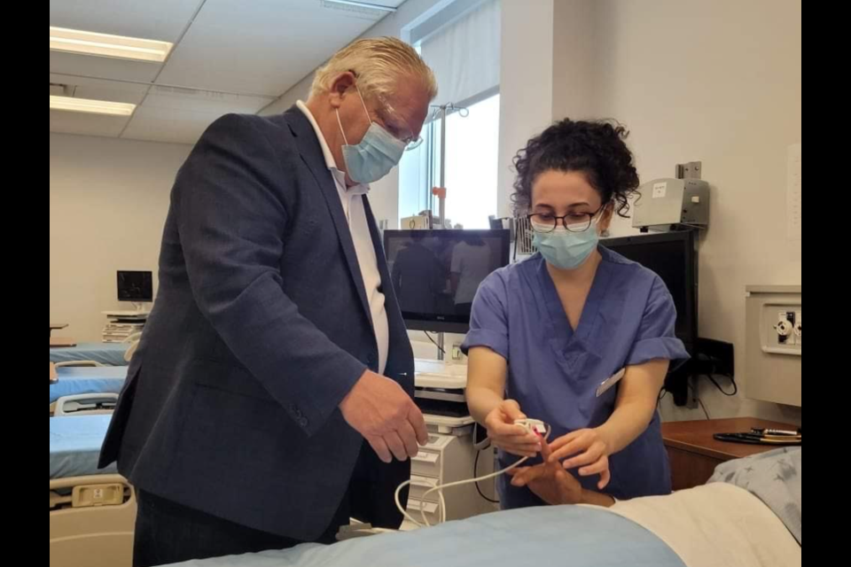 Premier Doug Ford was in Barrie on Thursday, July 8, 2021, to visit the Sadlon Centre for Health, Wellness and Sciences at Georgian College and see some of the facilities for people being trained as nurses. 