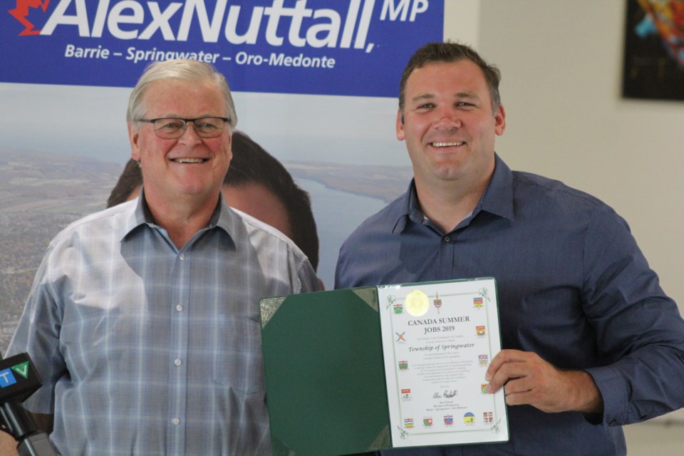 Springwater Township Mayor Don Allen (left) was on hand Monday, July 8, 2019, as Barrie-Springwater-Oro-Medonte MP Alex Nuttall announced this year's Canada Summer Jobs funding at Barrie City Hall. Raymond Bowe/BarrieToday