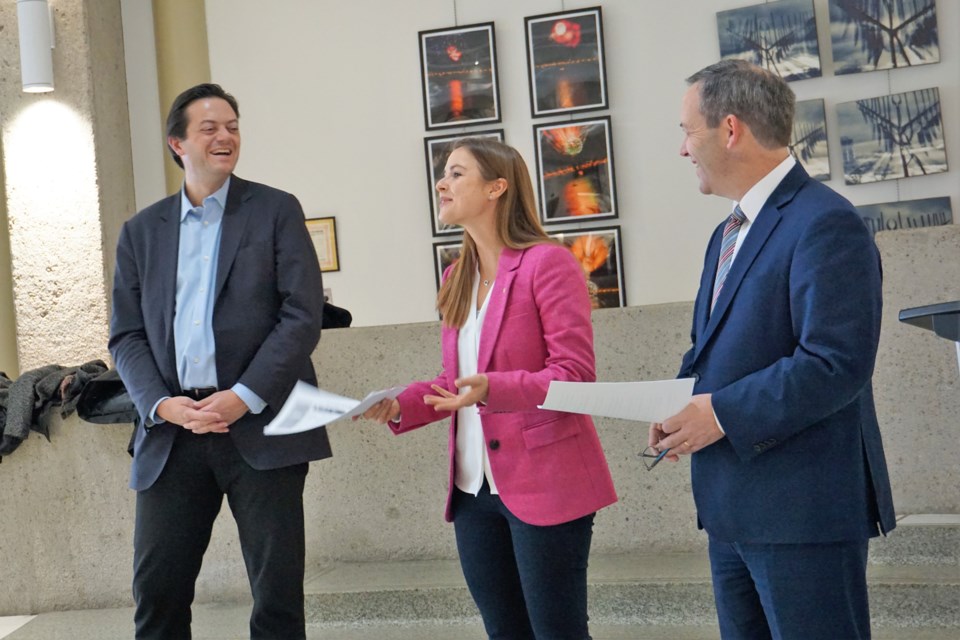 From left, Mayor Jeff Lehman, MPP Andrea Khanjin and MPP Doug Downey announce $94,454 will be given by the province to the City of Barrie for seniors healthy living programming. Jessica Owen/BarrieToday      
