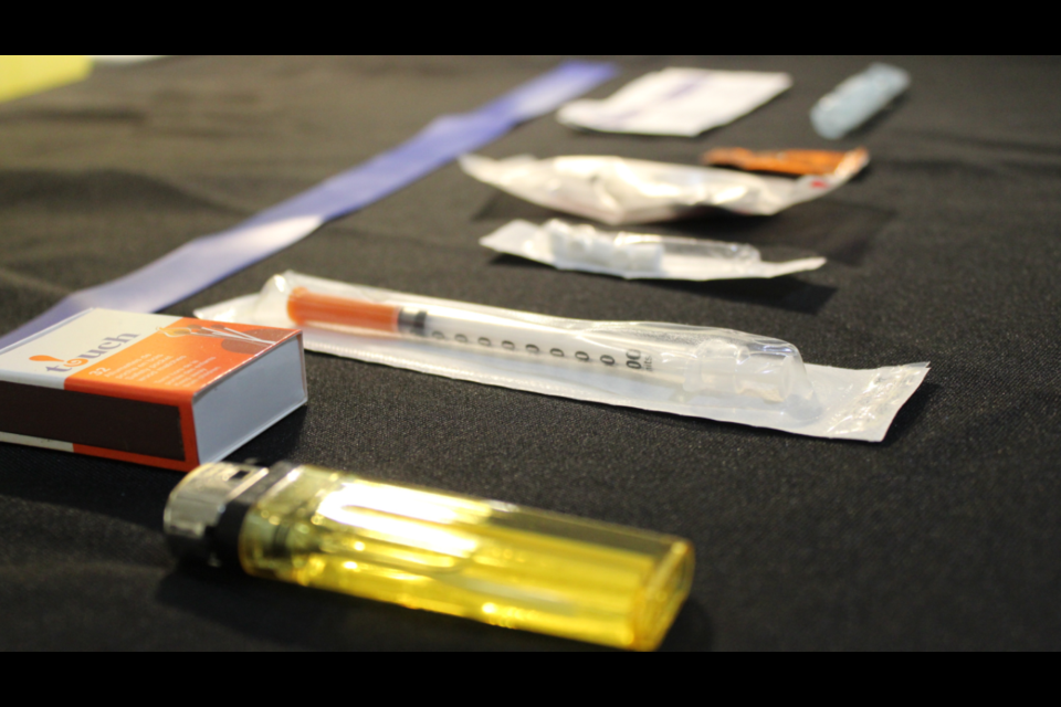 Several harm reduction tools are shown on display during a public drop-in session in 2019 at Barrie City Hall. | Raymond Bowe/BarrieToday files