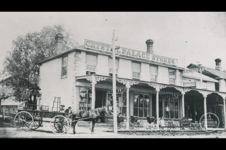 A photo of Freeman’s Crystal Palace from 1875 on the northeast corner of what is now Dunlop Street West and Maple Avenue.  Photo courtesy of the Barrie Historical Archive